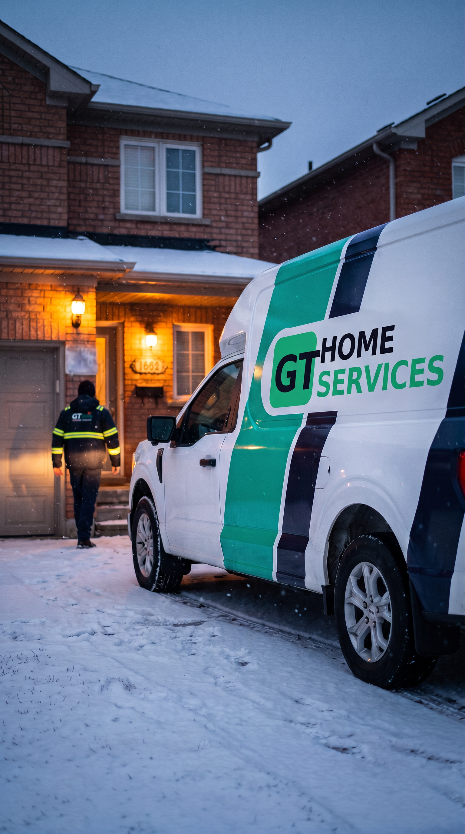 GT Home Services technician arriving at a Brampton home in winter